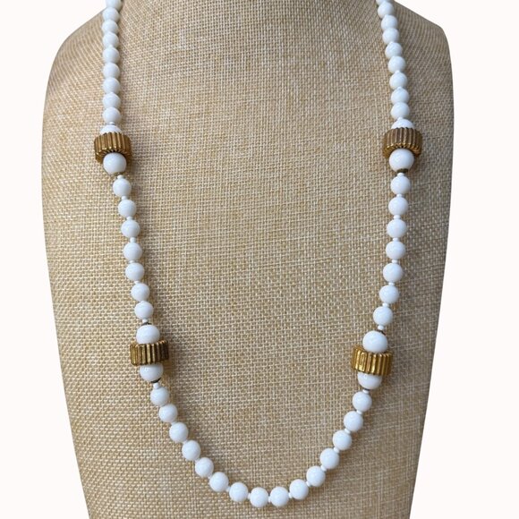 Miriam Haskell Vintage Milk Glass Bead Necklace With Gold-Tone Accents - Picture 1 of 16